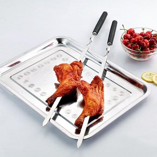 21.5" 55cm Wooden BBQ Skewer Stainless Steel Shish Kebab Skewers Flat Wood Handle Barbecue Forks Meat Fish Grill BBQ Accessories