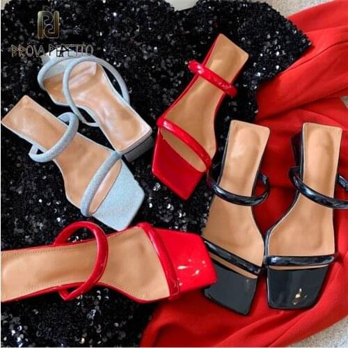 Summer Red Black Silver Blingbling Square Toe Open Toe Patent Leather Strap Fashion High Heel Sandals and Slippers Women