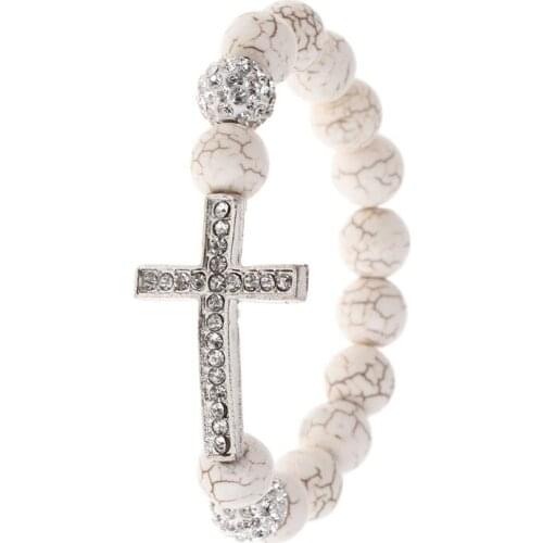 Beading Bracelet White Stone Rhinestone Bangle Elastic Natural Stones Beads Charms Men Women Jewelry Cross Pendant Party J60E