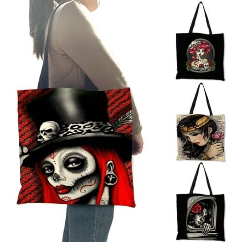 Black Skull Girl Print Handbags Womens Shoulder Bags Reusable Shopping Bags Casual Totes B06089
