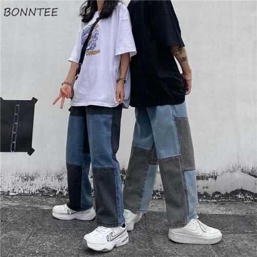 Jeans Women Mid Waist Patchwork Design Couple Loose Oversize S-3XL Straight Full Length Denim Trouser Cool Hiphop Streetwear Ins