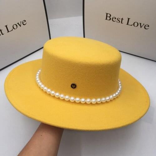 Fedoras spring and autumn period yellow wool Big eaves flat-roofed ceremony new hat for women elegant tide