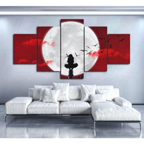 Red Cloud Big Moon Anime 5 Panel Canvas Picture Print Wall Art Canvas Painting Wall Decor for Living Room Poster No Framed