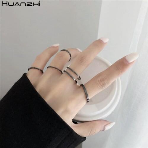 HUANZHI 2020 New Korean Trendy 5pcs/set Minimalist Fine Line Geometric Round Metal Ring Set for Women Girls Jewelry Gifts