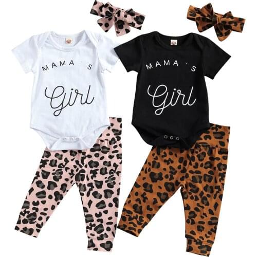 Citgeett Summer Newborn Baby Girls Clothes Letter Print Long Sleeve Romper and Leopard Pants Headband Set
