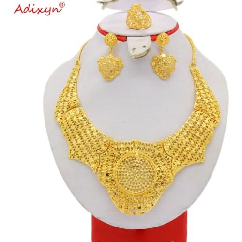 Adixyn Nigeria Dubai Gold Color jewelry sets African Bridal Wedding Gifts 24K Necklace Earrings Ring set Women Collares N02215