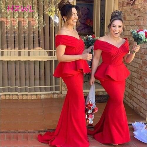2021 Red Off the Shoulder Mermaid Bridesmaid Dresses With Pepulm Long Satin Maid of Honor Dress vestidos de dama de