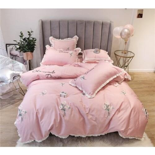 Pink Lovely Flower 80S Egyptian cotton Embroidered Bedding sets Queen King Princess Duvet cover Bed sheet set Pillowcases 4/6pcs