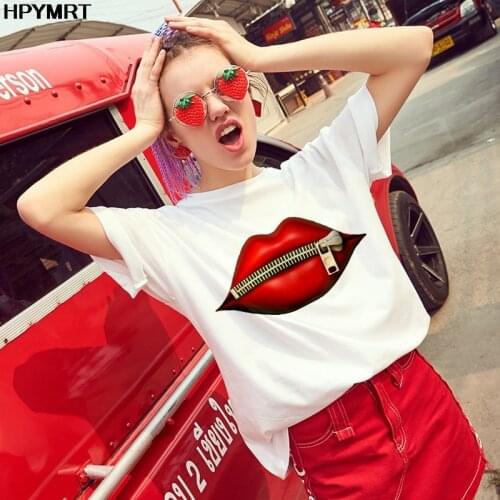 Fashion Womens Casual Sequins Red Lip T Shirt Short Sleeve Tops T-Shirts Vintage Creativity zipped Lips TShirt female clothing