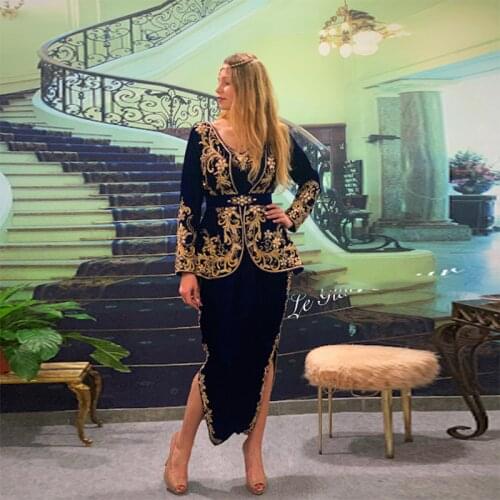 Fashion Black Two Pieces Arabic Evening Dresses Elegant Women Lace Moroccan Kaftan Applique Gold Top Mermaid Sexy Slit Prom Gown