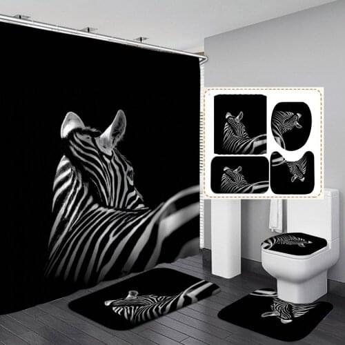 Zebra Pattern Bathroom Non-slip Mat Sets 3D Shower Curtain Set with Hooks Bath Mats Rugs Bathtub Curtains Home Textile Decor
