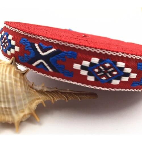 2017 New 20mm wide 10 yards/lot red with blue geometry Woven Jacquard Ribbon for dog chain/handmade DIY/clothing accessories