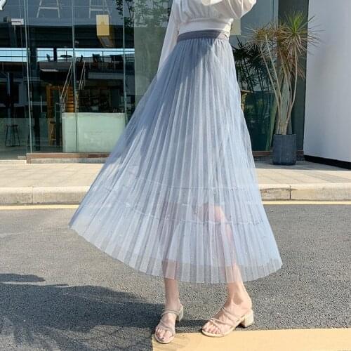 Pleated Skirt Women High Waist Beaded Skirt Sexy Lace Midi Skirt Elastic Waist Skirts Womens Plus Size