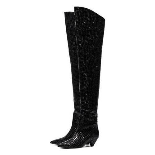 Drop Shipping Women Fashion Solid Black Python Pointed Toe Spike Low Heels Over The Knee Zip Thigh Leather Long Boots Big Size