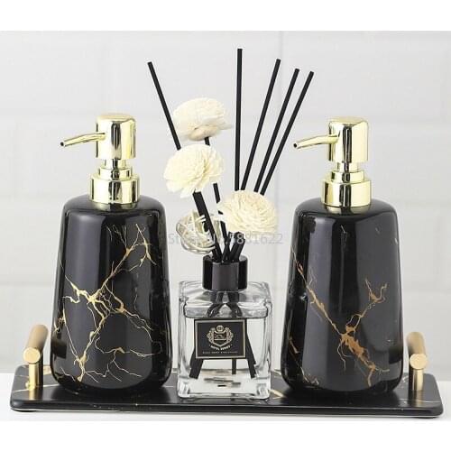 Nordic Light Luxury Ceramic Bathroom Decoration Accessories Golden Marble Mouthwash Cup Soap Dispenser Tray Bathroom Supplies
