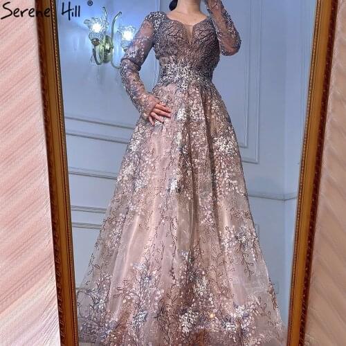 SERENE HILL Muslim Pink Luxury Evening Dresses Gowns 2021 Beading A-Line Sparkle For Woman Wedding Party LA71026