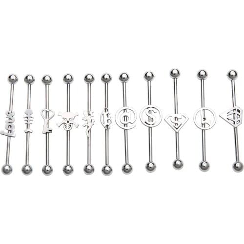 50pcs Free Shippment 14g~1.6mm Ear Straight Helix Scaffold Barbells Industrial Bar Body Jewelry Ear Piercing Mix Logos