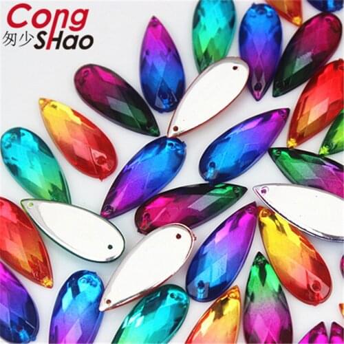 Cong Shao 30pcs 9*21mm Drop Double color stones and crystals Acrylic rhinestone flatback sewing 2 Hole DIY costume Button WC498