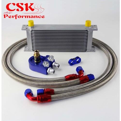 Universal 16 Row 248mm AN10 Engine Transmission Oil Cooler British Type + Aluminum Filter Adapter Kit Blue
