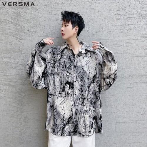 VERSMA Japanese Chic Long Sleeve Graffiti Print Vintage Shirt Men Women Loose Lace Leopard Print Chiffon Shirt Male Dropshipping
