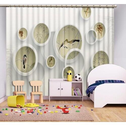 Vintage window curtains art curtains Gray landscape white birds circle tree window curtains for living room 3d curtains