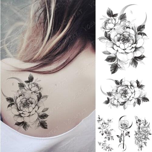 Waterproof Temporary Tattoo Stickers Peony Flower Moon Flash Tattoos Female Minimalist Line Black Body Art Arm Fake Tatto Male