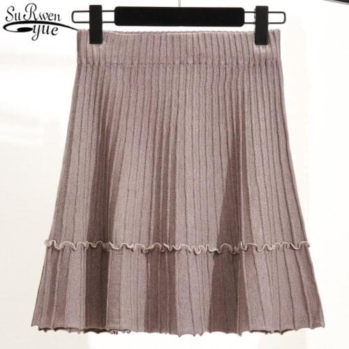 Knitted Skirt 2021 Autumn and Winter Korean Office Lady Skirts Women Solid High Waist Slim A-line Pleated Skirt Jupe Femme 10371