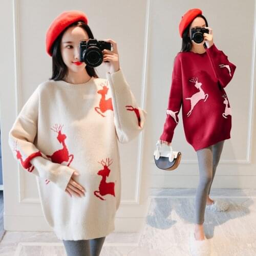 Christmas Deer Knitted Maternity Sweaters Autumn Winter Korean Fashion Pullover Clothes for Pregnant Women Loose Pregnancy K08