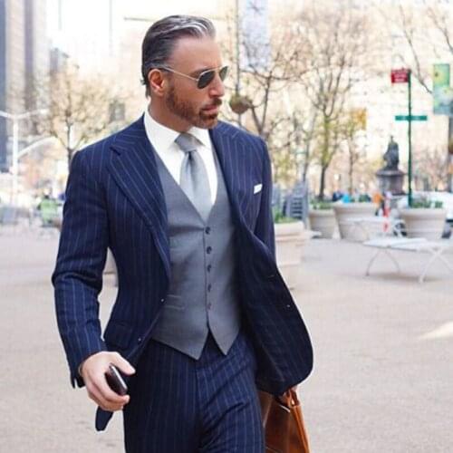 High Quality Business Stripe Blue Grey Vest Wedding Tuxedos Prom Men Suits Slim Fit Groom Wedding Terno Masculino Blazer 3Pcs