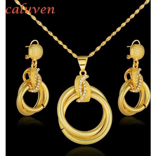 Gold Color Jewelry Sets African Womens Gift Ethiopian Yellow Nigerian Dubai Round with Stone Necklace Sets CE056