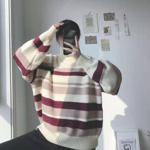 Womens Turtleneck Pullover for Women Long Sleeves Striped Knitted Sweater Korean Fashion Clothing Womens Oversize Sweater