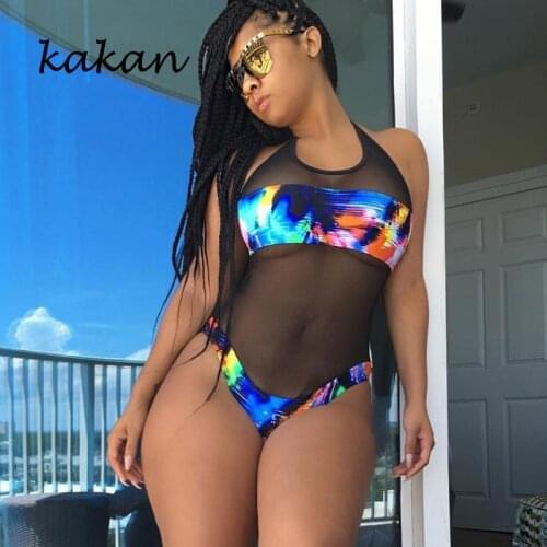 Kakan summer sexy womens digital printing triangle jumpsuit stitching floral one-piece suit purple green blue jumpsuit
