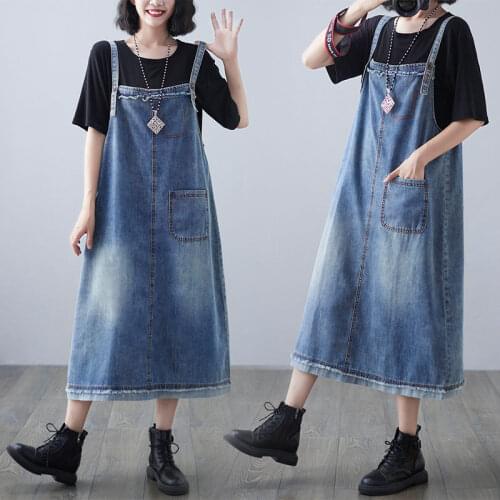 Korean Style Plus Size Womens Denim Strap Dress Summer Autumn 2021 Vintage Pockets Casual Loose Sleeveless Sling Dress M210