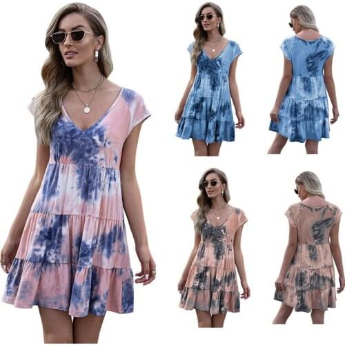Traf Women Dress For The New Year Summer Fashion Tie Dye V Neck Tunic Sundress Beach Party Sun Mini Dresses 2021 Female Robe