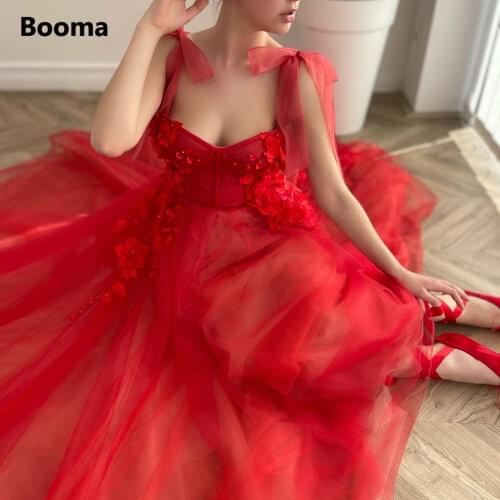 Booma Red Sweetheart Prom Dresses 2021 Flowers A-Line Tulle Prom Gowns with Pockets Tied Bow Straps Long Wedding Party Dresses