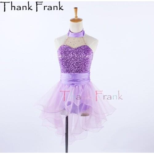 New Violet Latin Dress For kids Girls Halter Lyrical Dresses Women Sequin Modern Costumes Adult Irregular Tulle Dancewear C674