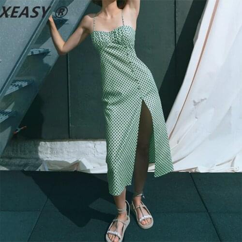 XEASY 2021 Women Fashion Polka Dot Slit Hem Midi Dress Vintage Backless Zipper Bow Thin Straps Chic Female Dresses Vestidos