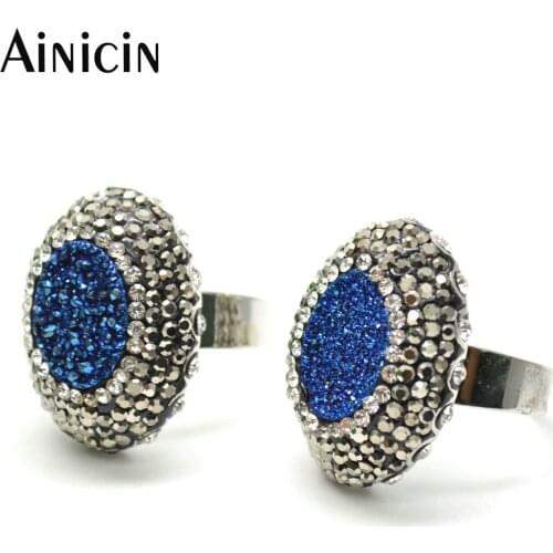 1pc Navy Blue Natural Drusy Crystal Jewelry Black Rhinestone Pave Setting Adjustable Rings For Women Fashion Party Jewelry