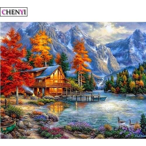CHENYI Diy Diamond Painting Mountain House 5D Diamant Embroidery Full Drill Mosaic Handmade Tree Natural Landscape Home Decor