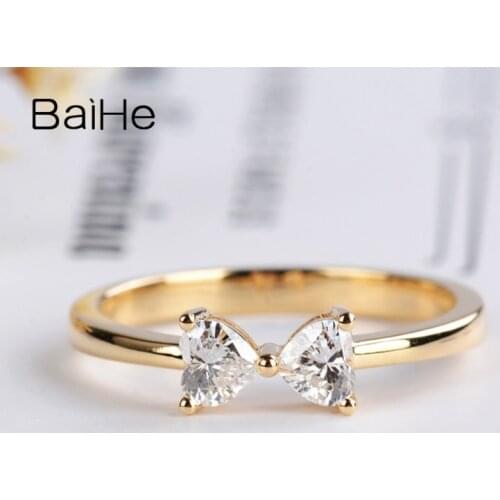 BAIHE Solid 14K Yellow Gold 0.34ct H/SI Heart Natural Diamonds Engagement Ring Wedding Band Trendy beautiful bowknot sweet Ring
