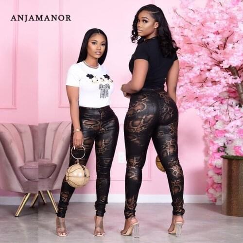 ANJAMANOR Black Snake Print Sexy Skinny Pencil Pants Trendy Bottoms for Women 2021 Club Wear Elastic Waist Trousers D43-CD22