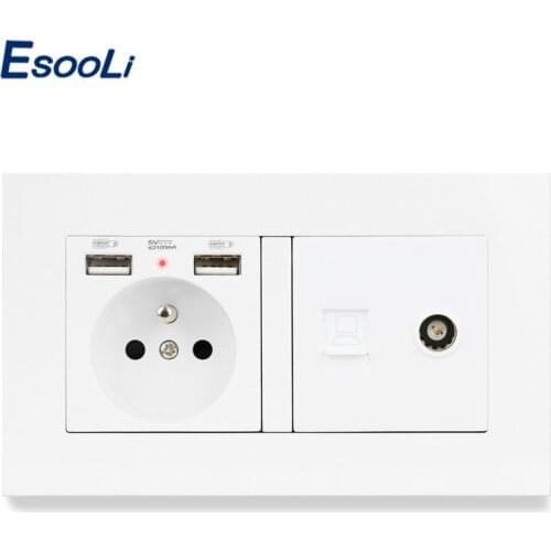 ESOOLI Plastic Panel French Standard Electric Socket with 2 USB + RJ45 Internet Jack and Television Port Power Outlet