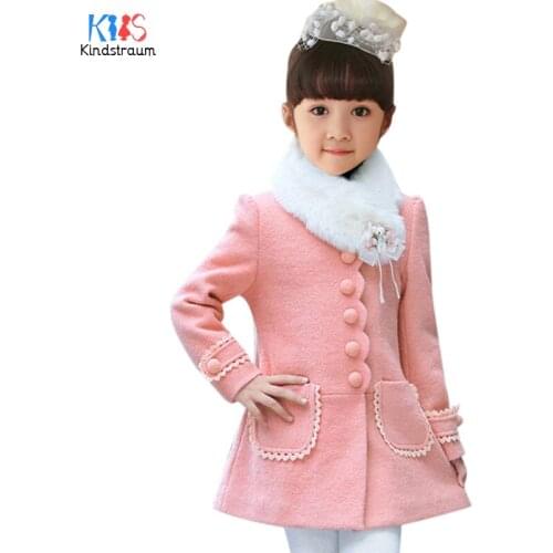 Kindstraum 2018 Winter Children Fur Collar Coats High Quality Girls Wool Clothes Fashion Solid Pockets Blends for Kids,RC1549