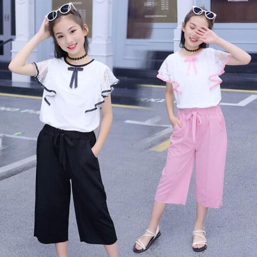 Teenager Girls Summer Clothes Sets For Kids Wear 4 6 8 10 12 14 Year Teenage Girl Clothing Two pieces Set Frill Top + Wide Pants