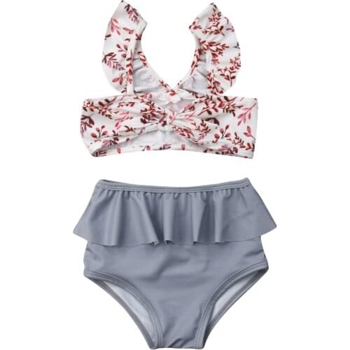 Baby Girls Swimwear Ruffled Bandage Swimsuit Beachwear Bathing Suit High Waist Leopard Floral Swimming Clothing Bikini 2021