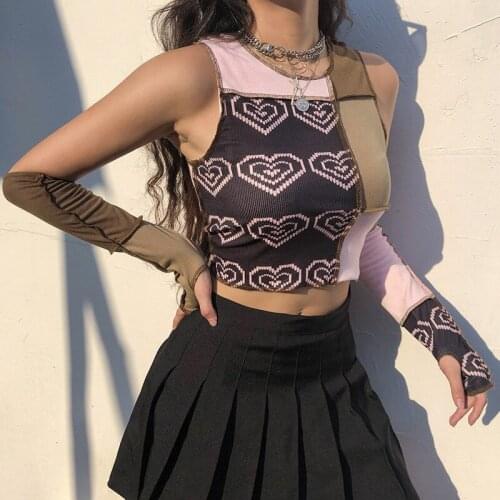 Summer new love heart print stitching o neck slim crop top with sleeves