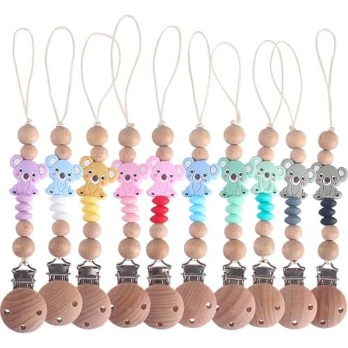 New Baby SafeFood Grade Silicone Beads Animal Pendant Beech Wooden Pacifier Holder Chain Clip for Baby Newborn Pacifier Chain