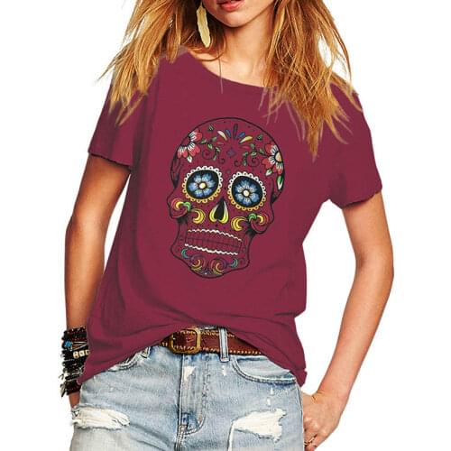 New Women Day of the Short Sleeve Flower Fashon Skull Printed T Shirt Novelty Cool Tee Shirts Tops