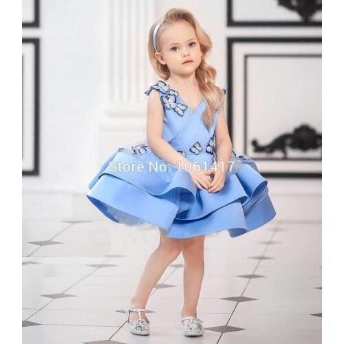 New Baby Girls Dresses Knee Length Girls Blue Toddler Infant Birthday Appliques Dresses Tutu Cloth Size 12m 18m 24M 3T 4T