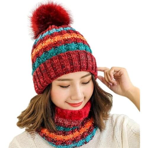 Simple women knitted Hat Women Brand High Quality Winter girls Ball Ski Rabbit Fur Hat PomPoms warm Balaclava knitted Hats scarf